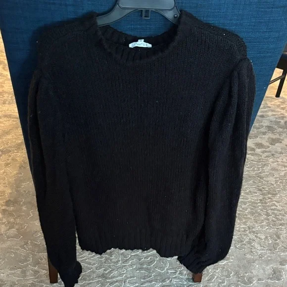 Z Supply Black Knit Mock Neck Ruffle Detail Puff Sleeve Sweater - Picture 6 of 7